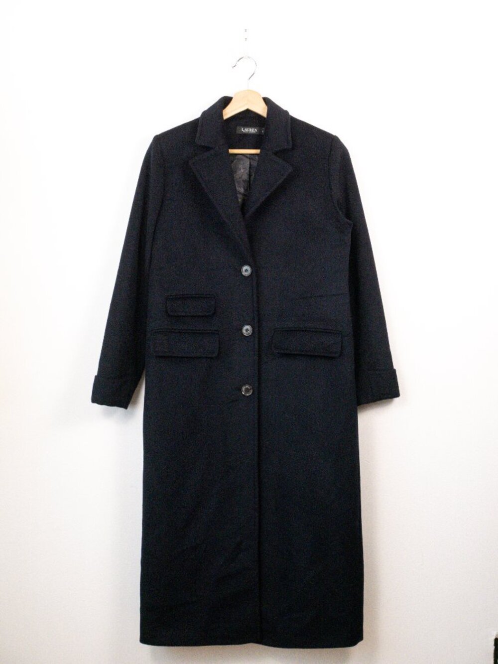 Lauren Ralph Lauren Navy Blue Wool Blend Long Single Breasted Overcoat